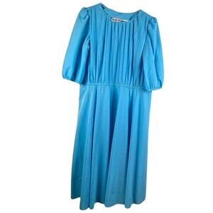 Sally Lou Womens Blue Blouson Midi Dress Tie Waist 3/4 Sleeve Pleated Vintage
